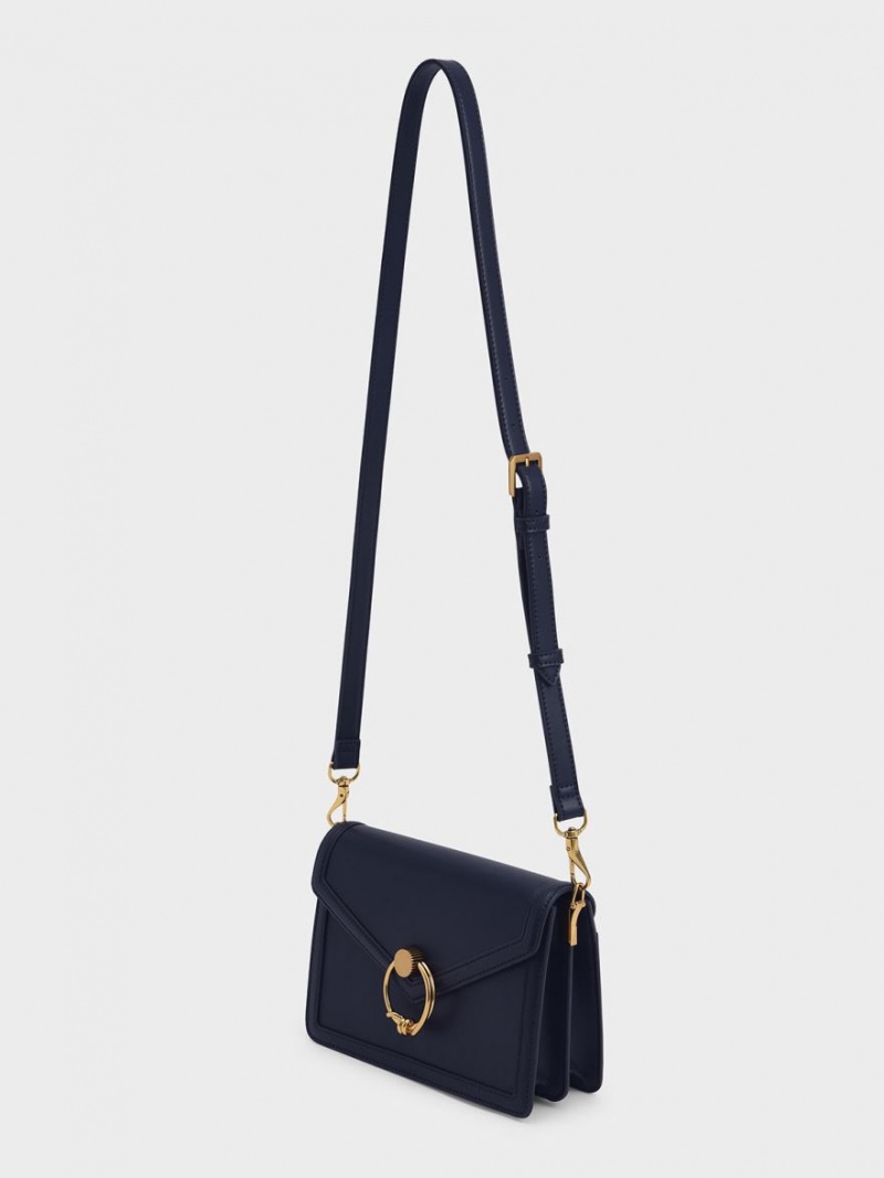 Charles And Keith Joelle Ring Push-Lock Envelope Shoulder Bags Navy | PHILIPPINES W216