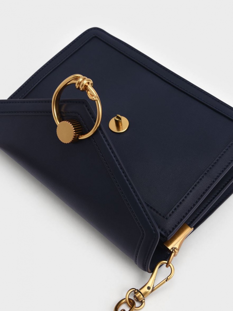 Charles And Keith Joelle Ring Push-Lock Envelope Shoulder Bags Navy | PHILIPPINES W216