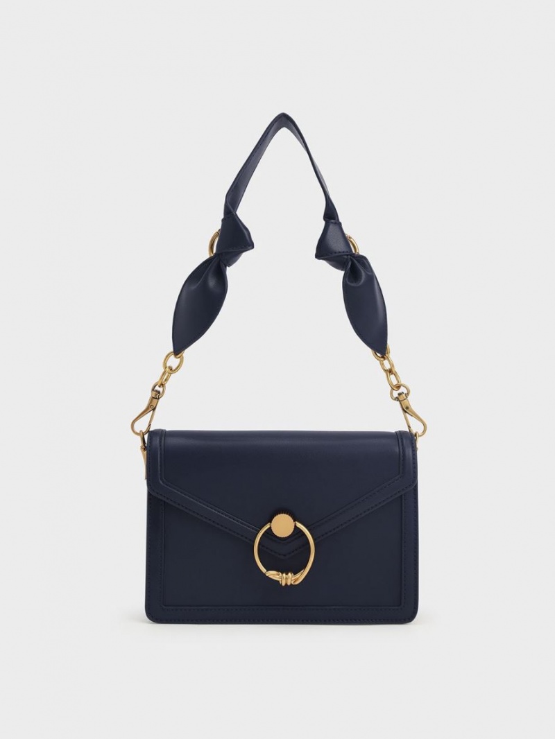 Charles And Keith Joelle Ring Push-Lock Envelope Shoulder Bags Navy | PHILIPPINES W216