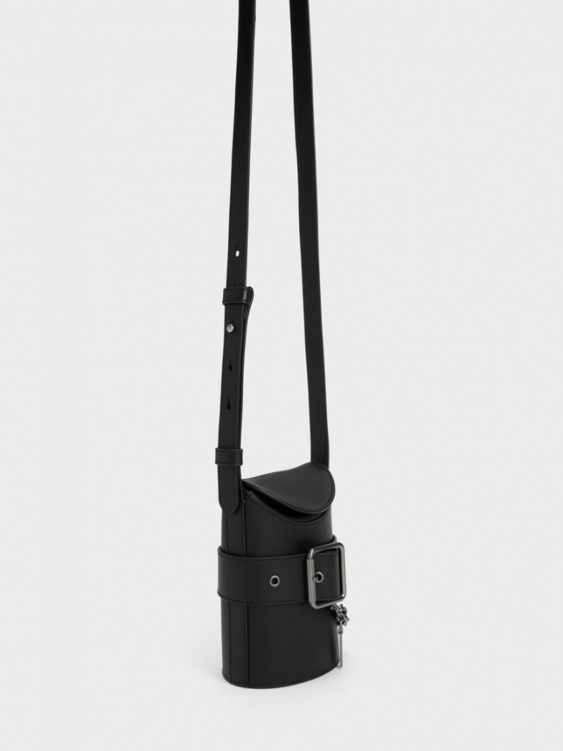 Charles And Keith Jules Leather Belted Bucket Bags Black | PHILIPPINES E985