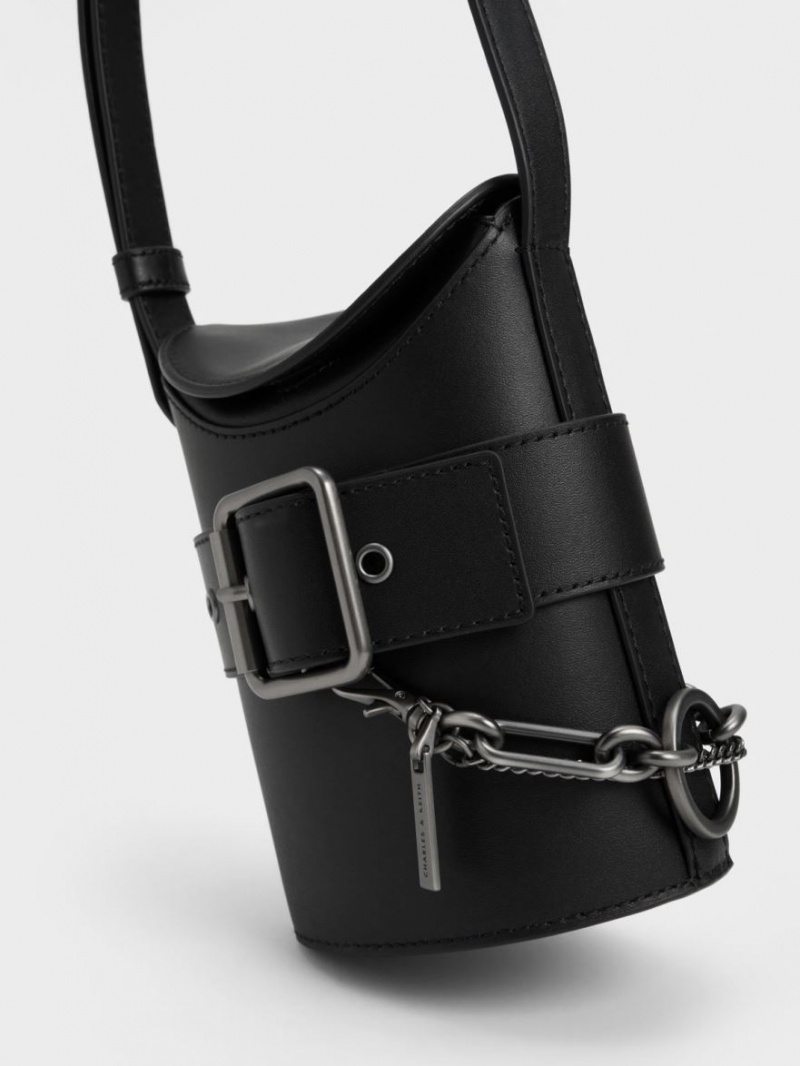 Charles And Keith Jules Leather Belted Bucket Bags Black | PHILIPPINES E985