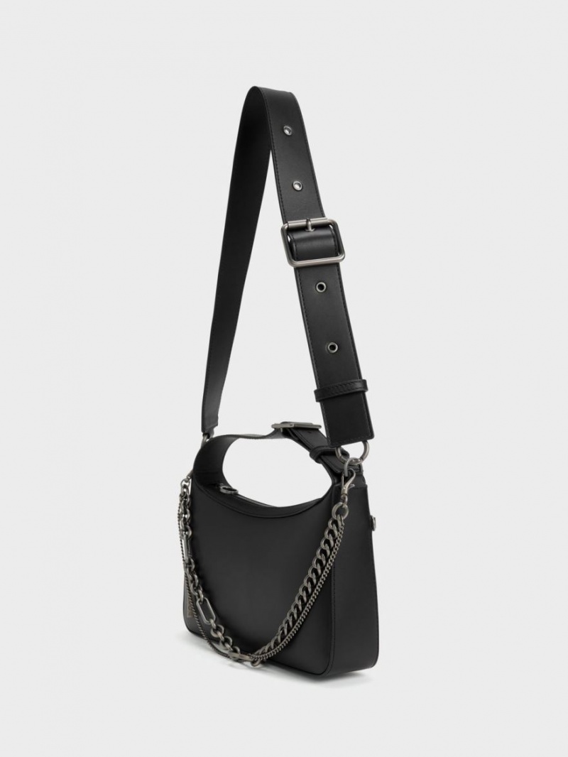 Charles And Keith Jules Leather Chain-Embellished Tote Bags Black | PHILIPPINES E046