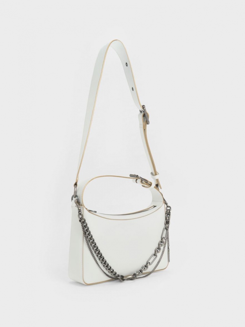 Charles And Keith Jules Leather Chain-Embellished Tote Bags White | PHILIPPINES Z278