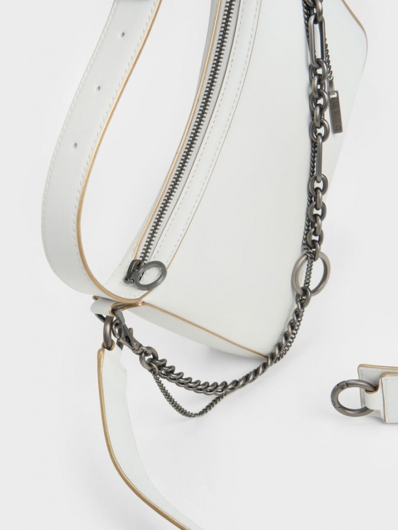 Charles And Keith Jules Leather Chain-Embellished Tote Bags White | PHILIPPINES Z278