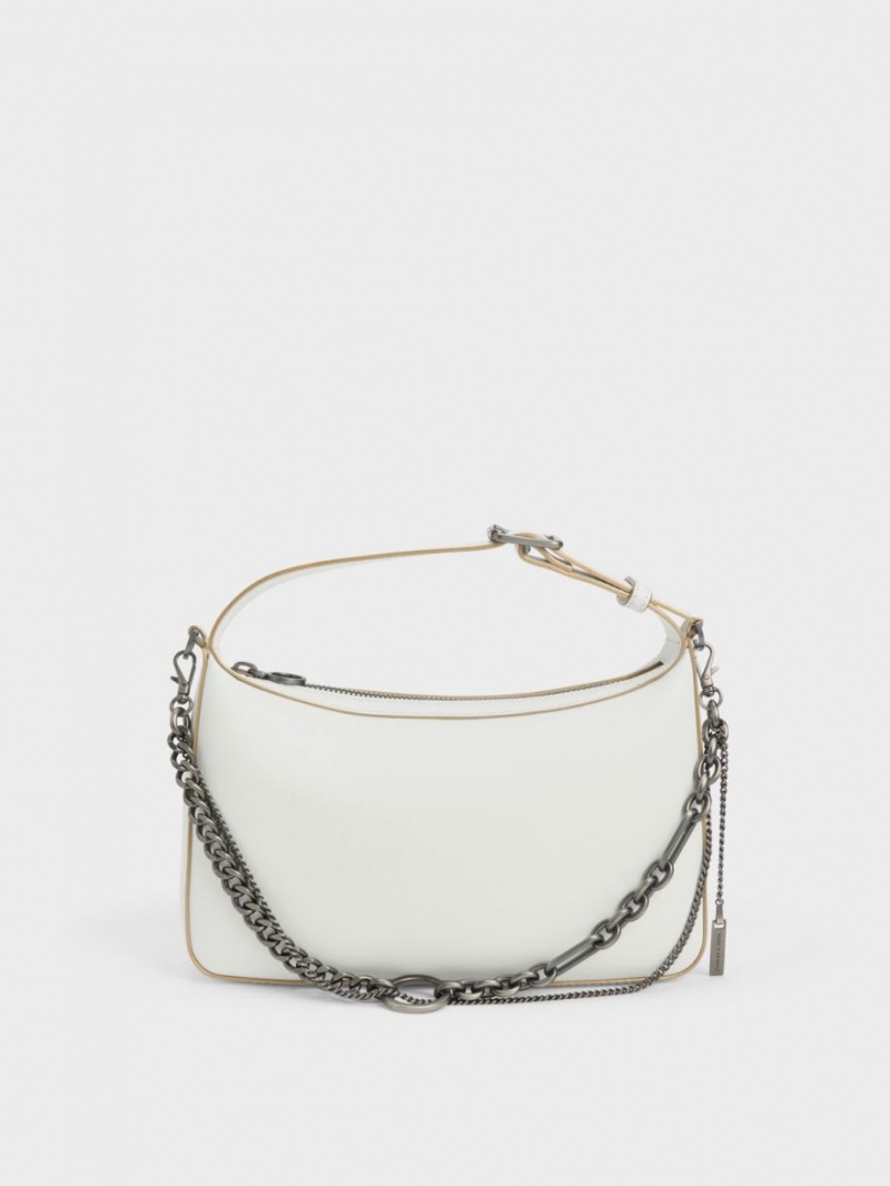 Charles And Keith Jules Leather Chain-Embellished Tote Bags White | PHILIPPINES Z278