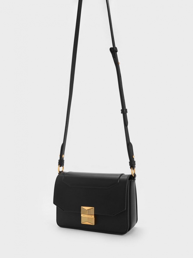 Charles And Keith Kalinda Metallic Accent Boxy Shoulder Bags Black | PHILIPPINES F493