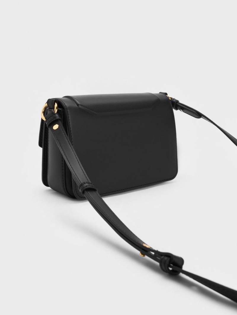 Charles And Keith Kalinda Metallic Accent Boxy Shoulder Bags Black | PHILIPPINES F493