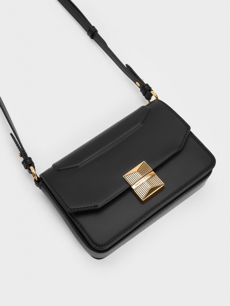 Charles And Keith Kalinda Metallic Accent Boxy Shoulder Bags Black | PHILIPPINES F493