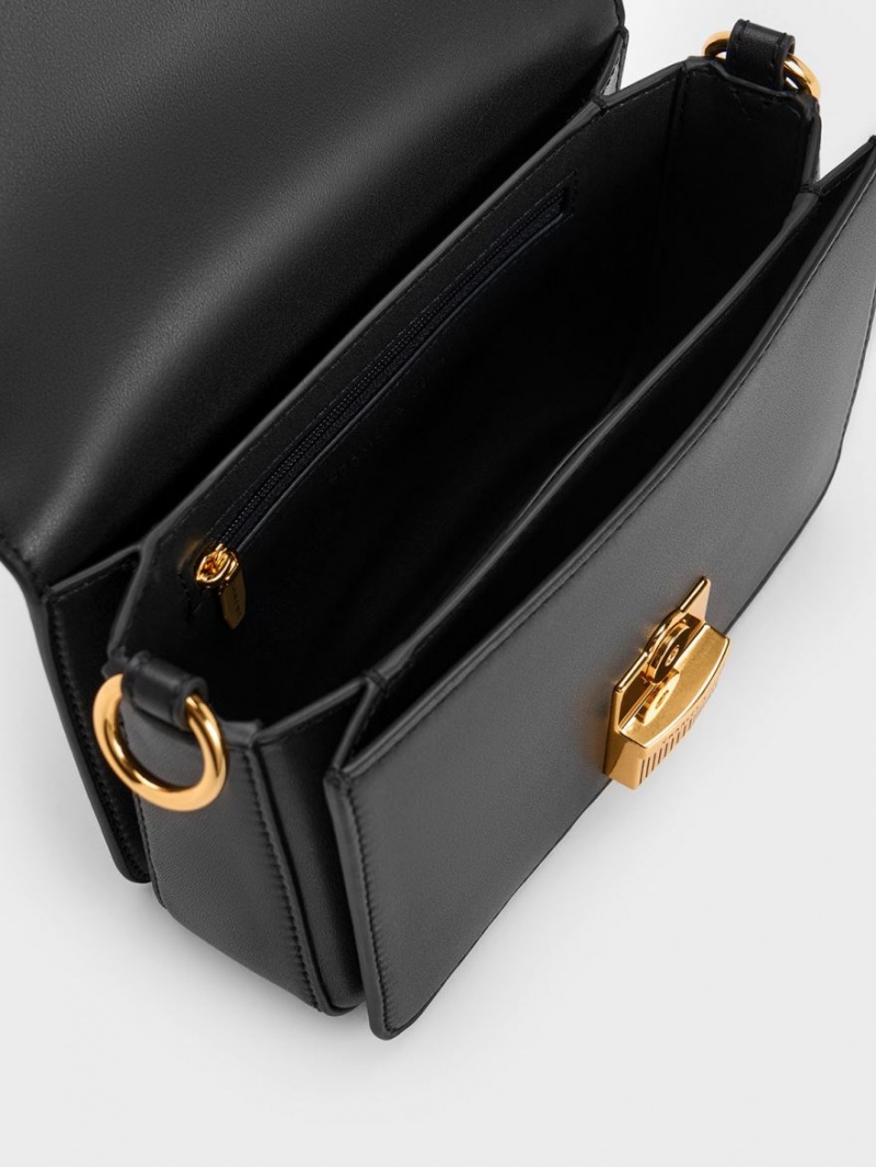 Charles And Keith Kalinda Metallic Accent Boxy Shoulder Bags Black | PHILIPPINES F493