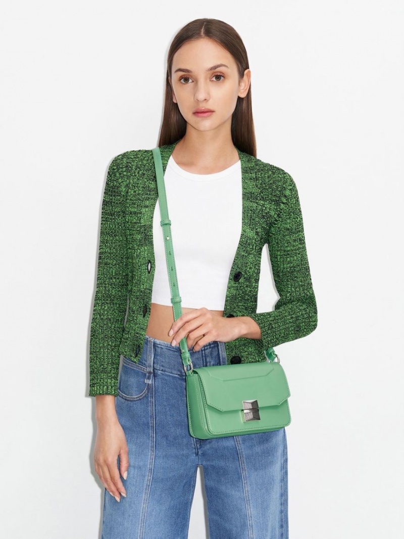 Charles And Keith Kalinda Metallic Accent Boxy Shoulder Bags Green | PHILIPPINES R403