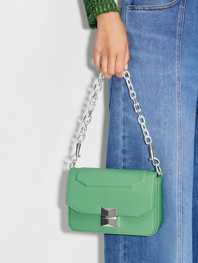 Charles And Keith Kalinda Metallic Accent Boxy Shoulder Bags Green | PHILIPPINES R403