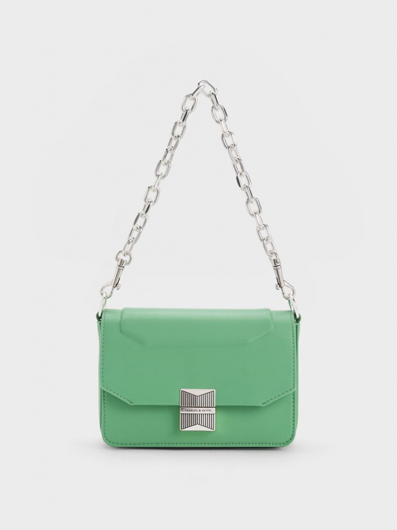 Charles And Keith Kalinda Metallic Accent Boxy Shoulder Bags Green | PHILIPPINES R403