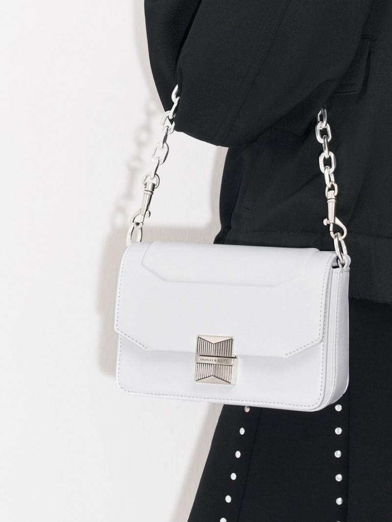 Charles And Keith Kalinda Metallic Accent Boxy Shoulder Bags White | PHILIPPINES Y158