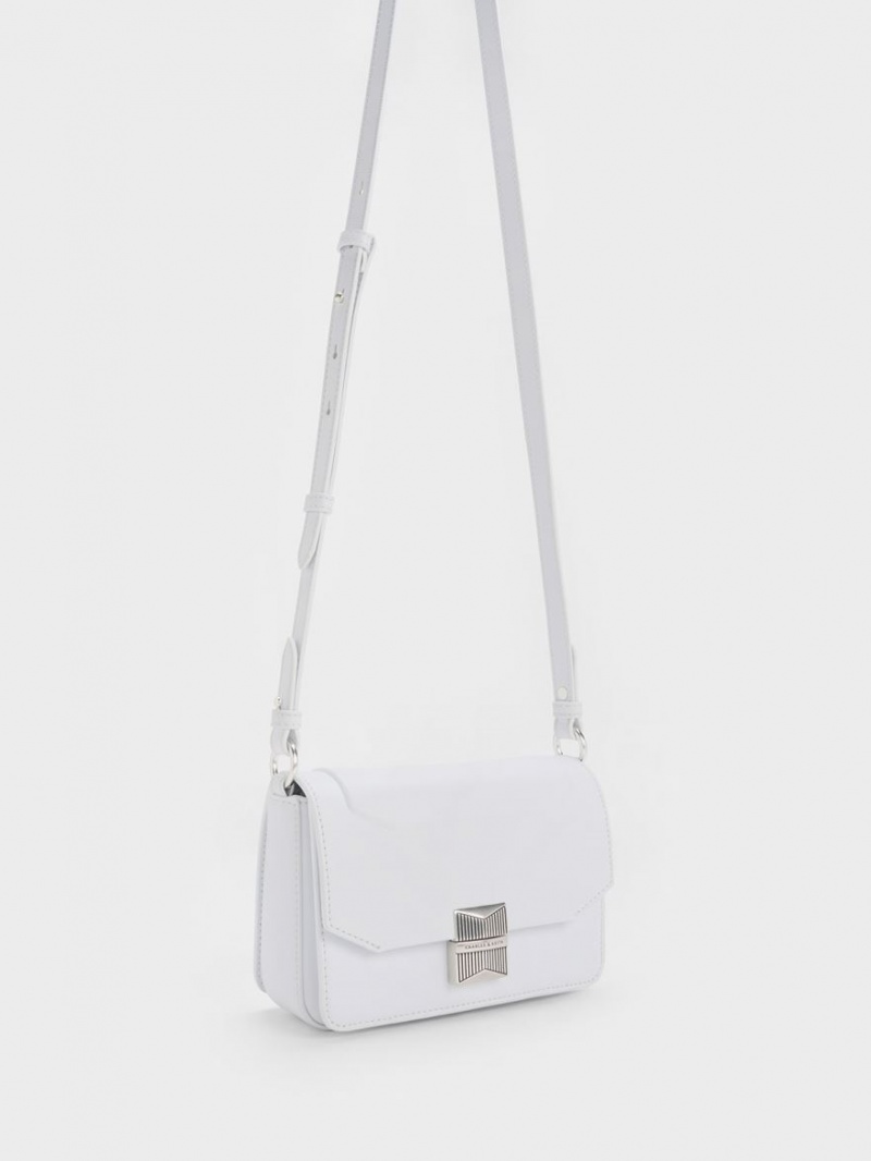 Charles And Keith Kalinda Metallic Accent Boxy Shoulder Bags White | PHILIPPINES Y158