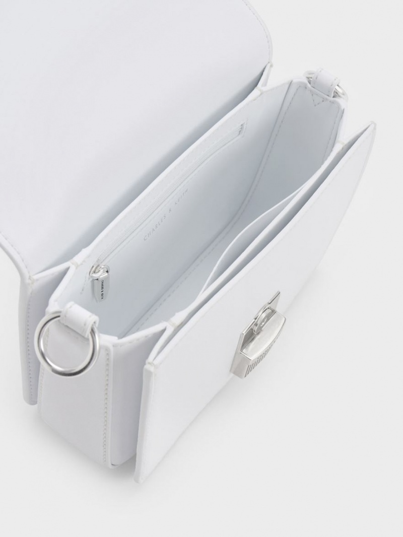 Charles And Keith Kalinda Metallic Accent Boxy Shoulder Bags White | PHILIPPINES Y158