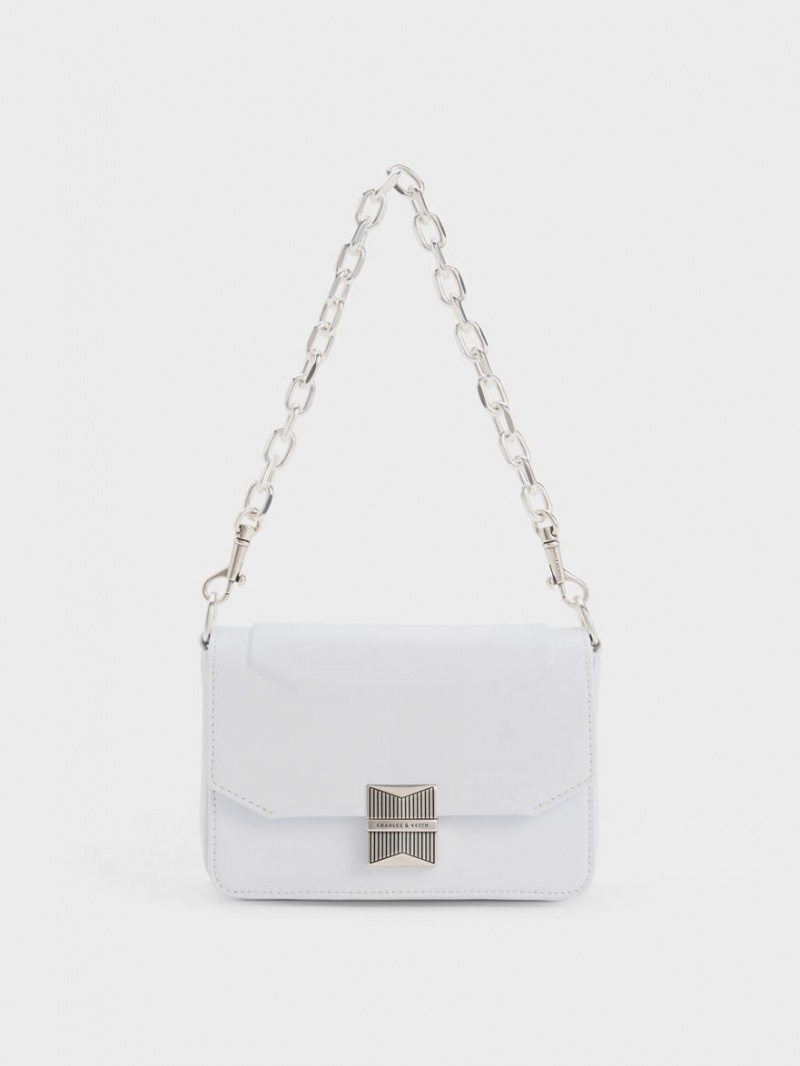 Charles And Keith Kalinda Metallic Accent Boxy Shoulder Bags White | PHILIPPINES Y158