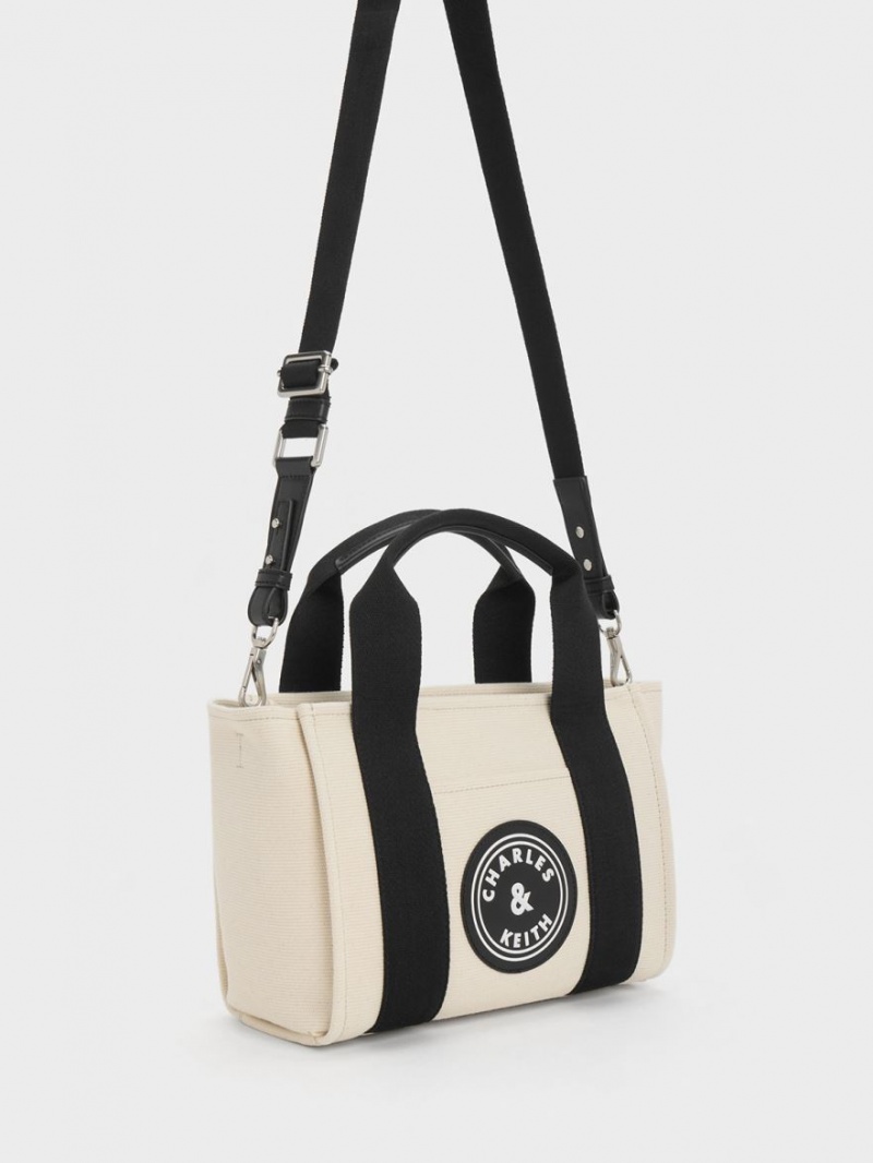 Charles And Keith Kay Canvas Contrast-Trim Tote Bags Beige | PHILIPPINES C643