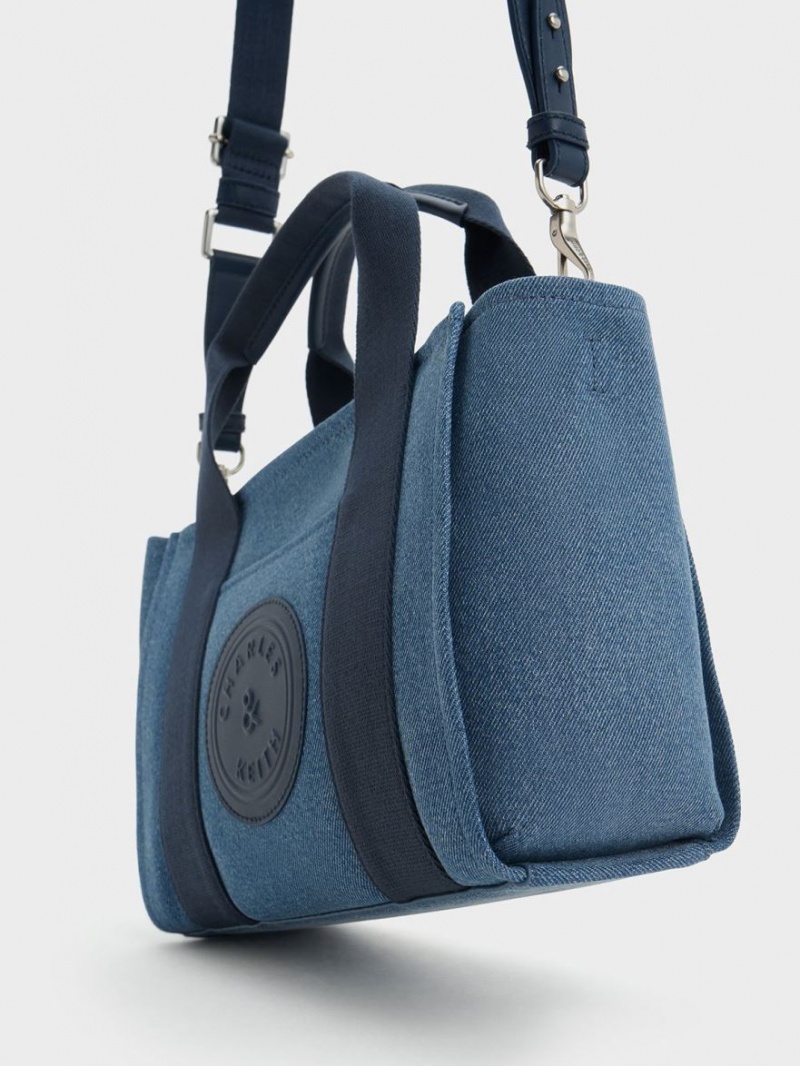 Charles And Keith Kay Denim Contrast-Trim Tote Bags Blue | PHILIPPINES Q581