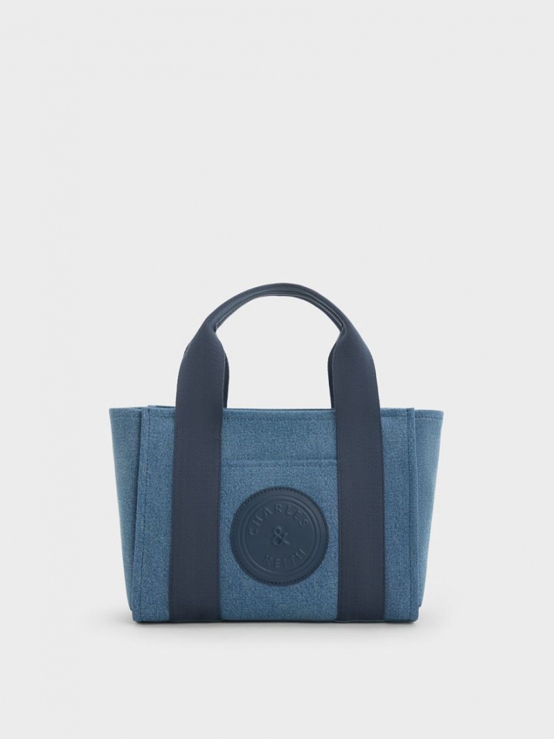 Charles And Keith Kay Denim Contrast-Trim Tote Bags Blue | PHILIPPINES Q581