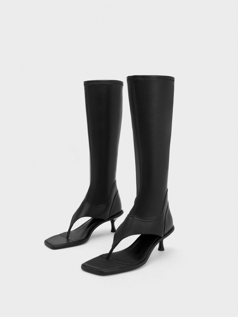 Charles And Keith Kitten Heel Thong Knee-high Boots Black | PHILIPPINES Q053