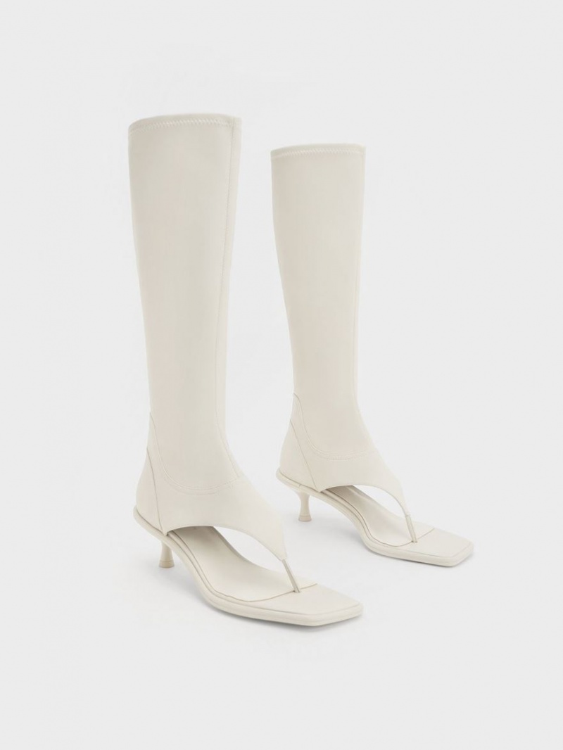 Charles And Keith Kitten Heel Thong Knee-high Boots White | PHILIPPINES B029