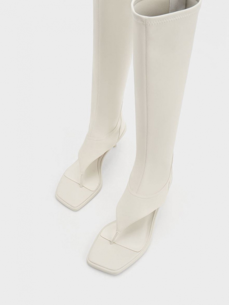 Charles And Keith Kitten Heel Thong Knee-high Boots White | PHILIPPINES B029