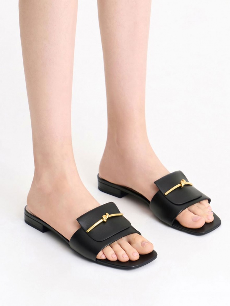 Charles And Keith Knotted Accent Slide Sandals Black | PHILIPPINES A318