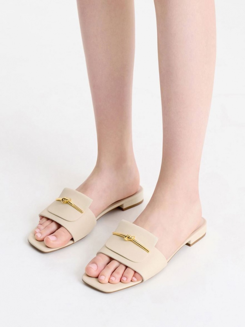 Charles And Keith Knotted Accent Slide Sandals Cream | PHILIPPINES F934