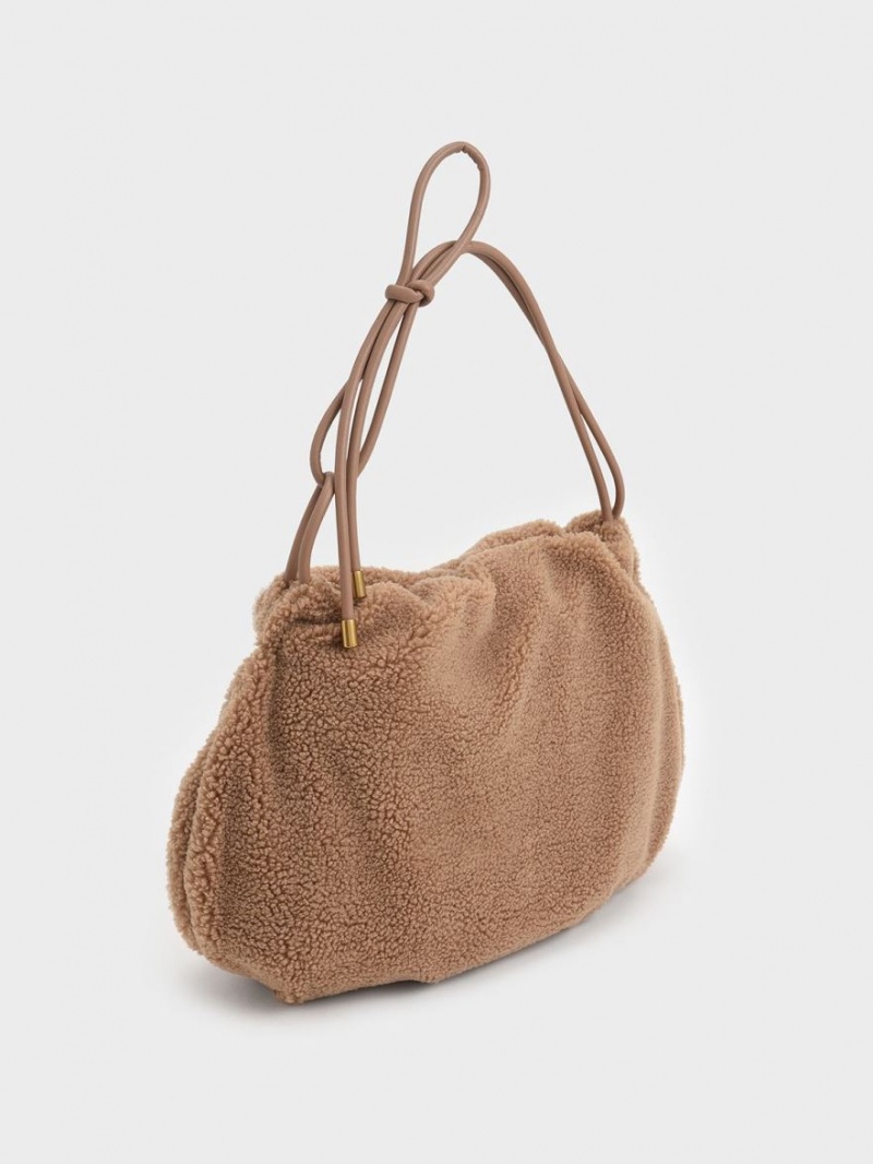 Charles And Keith Knotted Handle Textured Hobo Bag Brown | PHILIPPINES J342