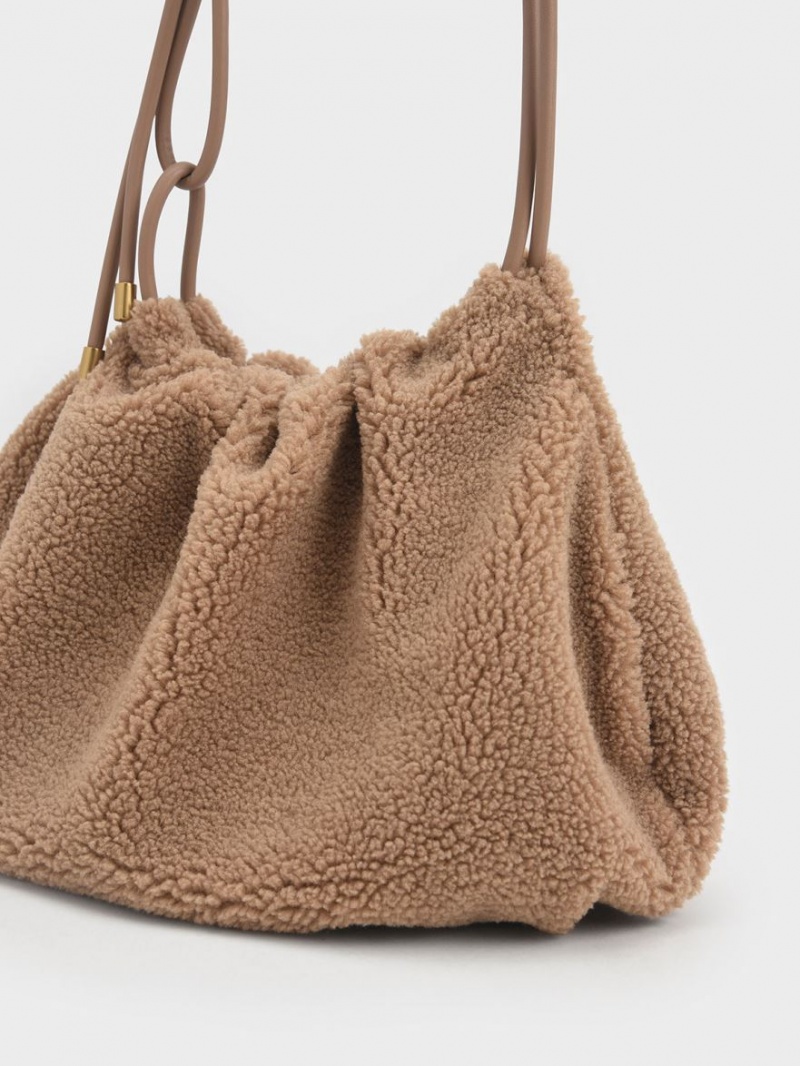 Charles And Keith Knotted Handle Textured Hobo Bag Brown | PHILIPPINES J342