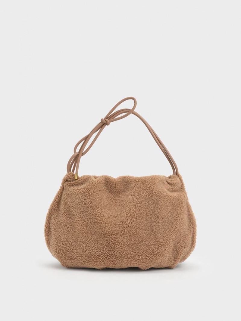 Charles And Keith Knotted Handle Textured Hobo Bag Brown | PHILIPPINES J342