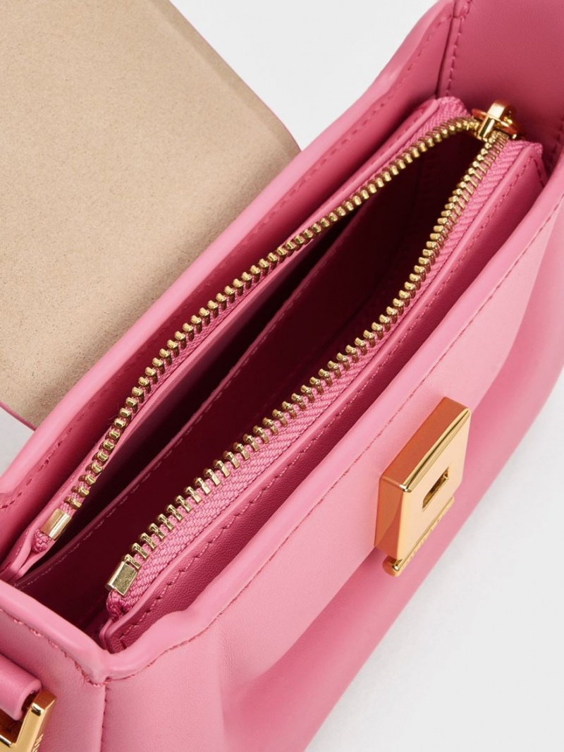 Charles And Keith Koa Leather Push-Lock Top Handbag Pink | PHILIPPINES K035