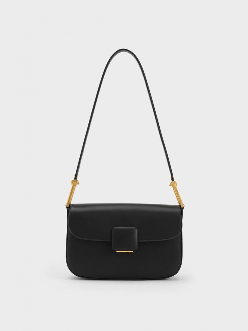 Charles And Keith Koa Square Push-Lock Shoulder Bags Black | PHILIPPINES E257