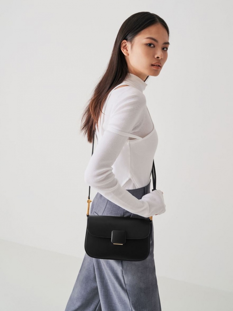 Charles And Keith Koa Square Push-Lock Shoulder Bags Black | PHILIPPINES E257