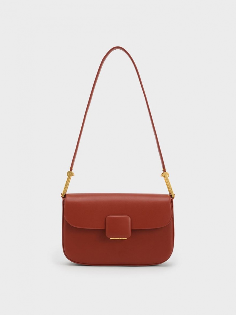 Charles And Keith Koa Square Push-Lock Shoulder Bags Dark Red | PHILIPPINES Y702