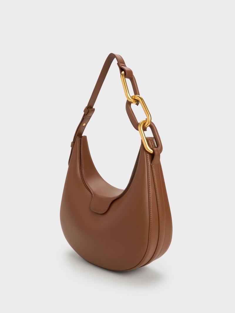 Charles And Keith Kora Metallic-Accent Moon Tote Bags Chocolate | PHILIPPINES R417