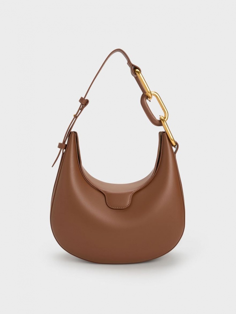 Charles And Keith Kora Metallic-Accent Moon Tote Bags Chocolate | PHILIPPINES R417