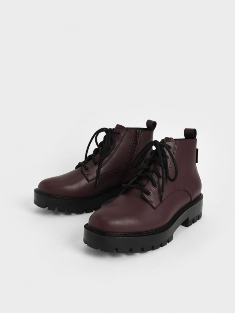 Charles And Keith Lace-Up Chunky Ankle Boots Burgundy | PHILIPPINES W135