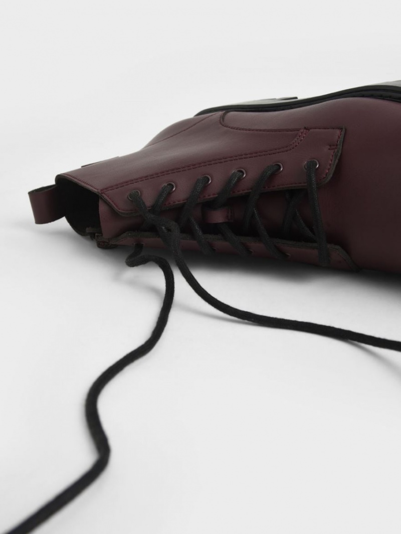 Charles And Keith Lace-Up Chunky Ankle Boots Burgundy | PHILIPPINES W135