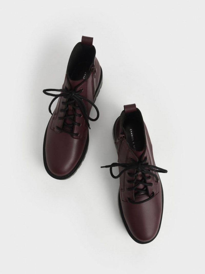 Charles And Keith Lace-Up Chunky Ankle Boots Burgundy | PHILIPPINES W135