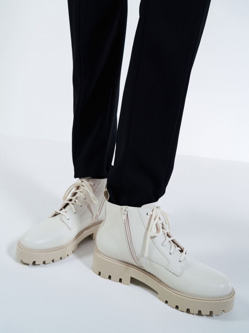 Charles And Keith Lace-Up Chunky Ankle Boots White | PHILIPPINES O950