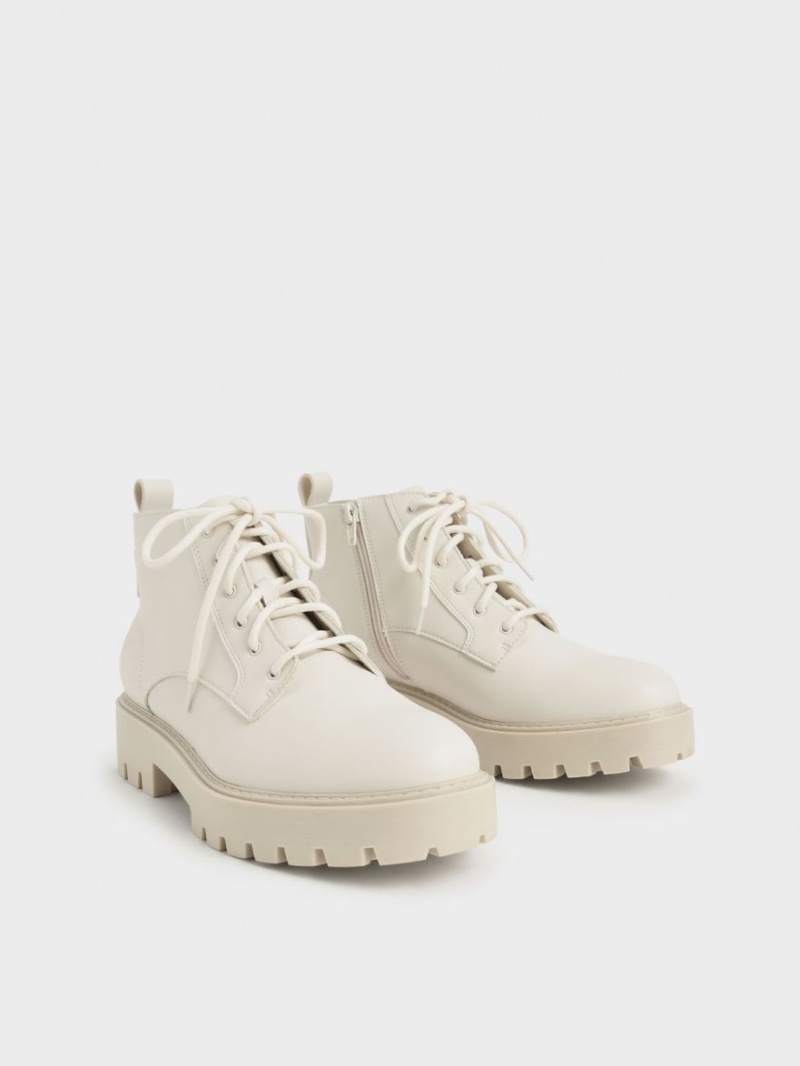 Charles And Keith Lace-Up Chunky Ankle Boots White | PHILIPPINES O950