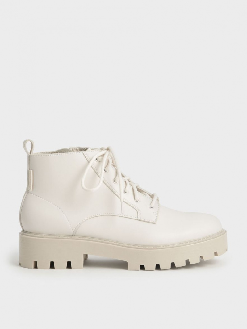 Charles And Keith Lace-Up Chunky Ankle Boots White | PHILIPPINES O950