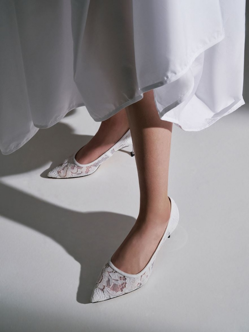 Charles And Keith Lace Sculptural Heel Pumps White | PHILIPPINES Y376