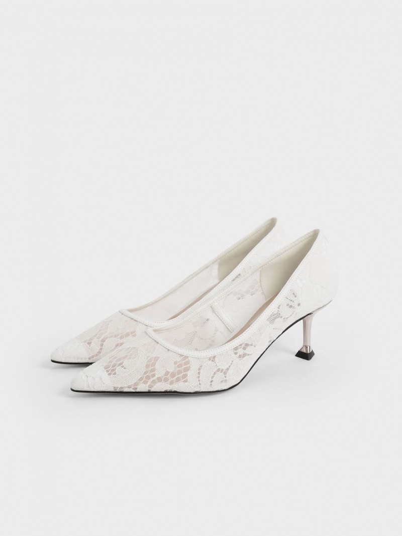 Charles And Keith Lace Sculptural Heel Pumps White | PHILIPPINES Y376