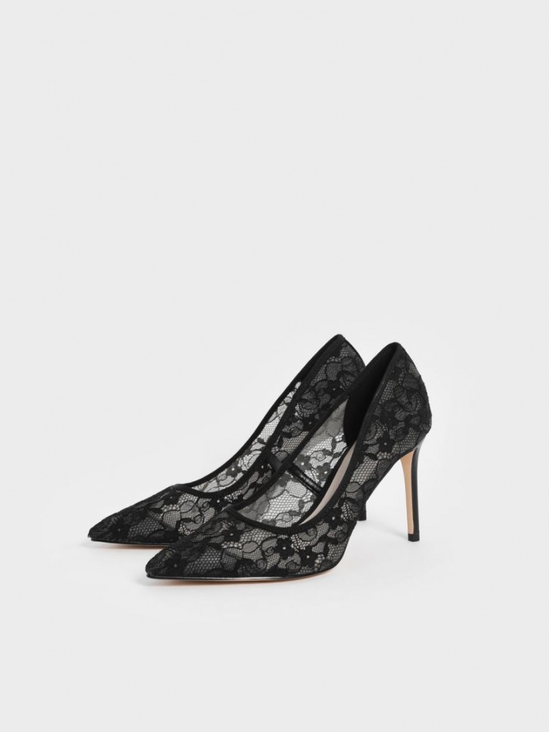 Charles And Keith Lace Stiletto Pumps Black | PHILIPPINES P387