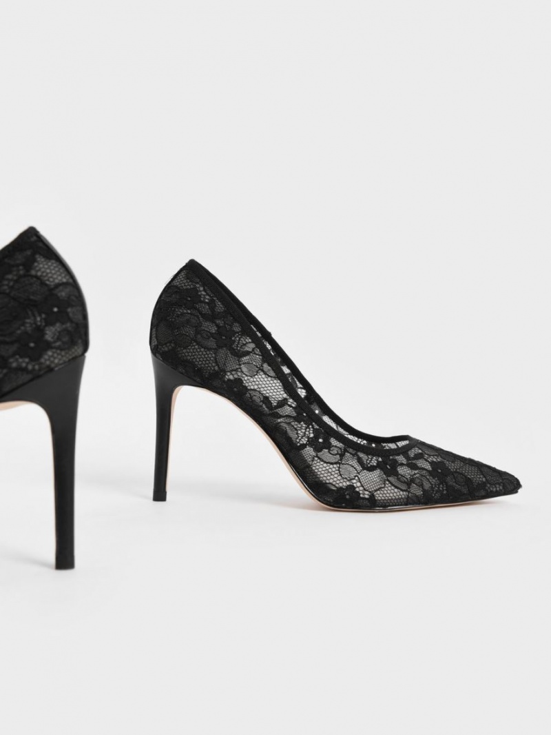 Charles And Keith Lace Stiletto Pumps Black | PHILIPPINES P387