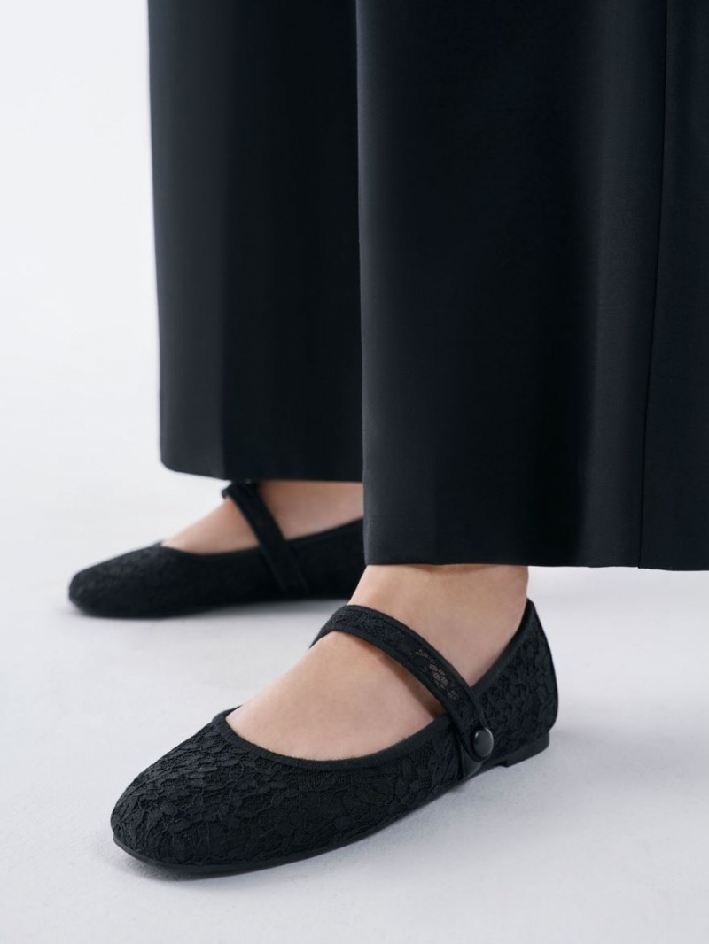 Charles And Keith Lace & Mesh Mary Jane Ballet Flats Black | PHILIPPINES J428