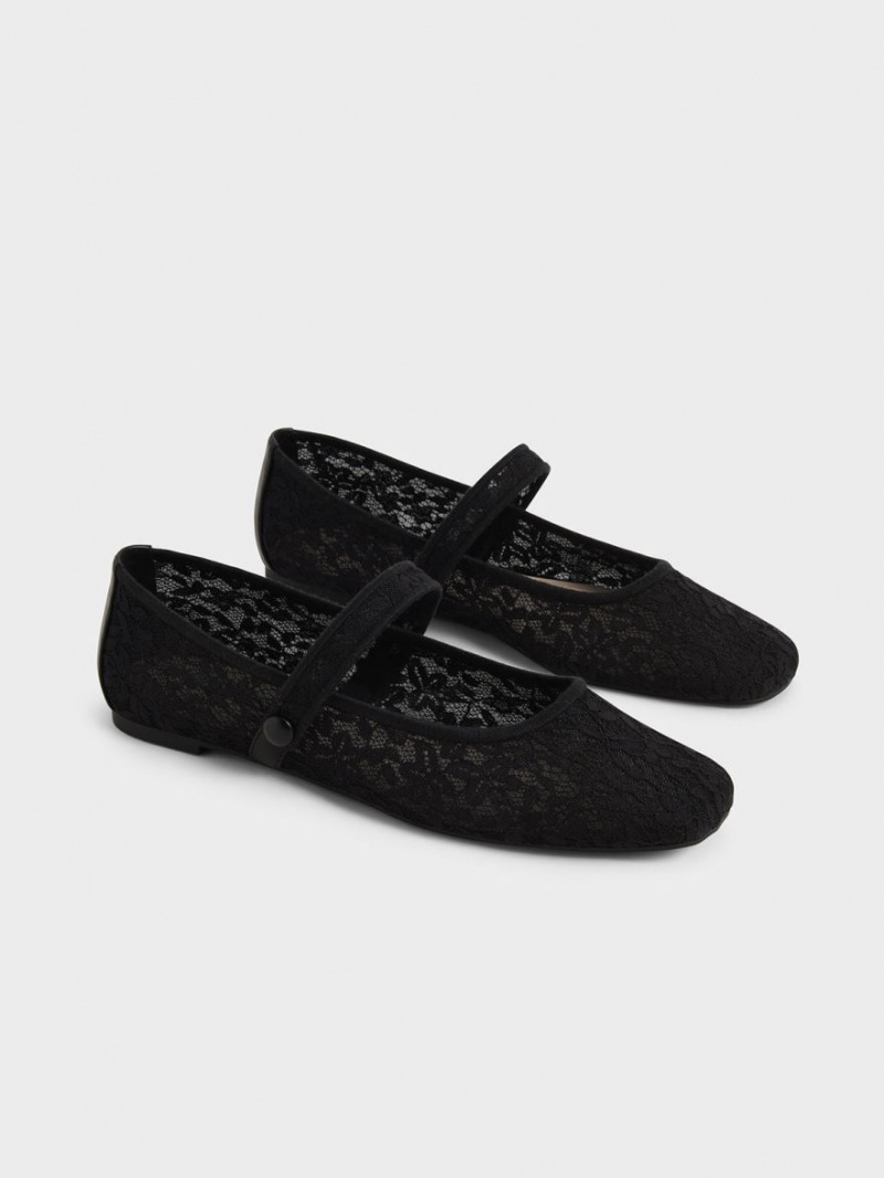 Charles And Keith Lace & Mesh Mary Jane Ballet Flats Black | PHILIPPINES J428