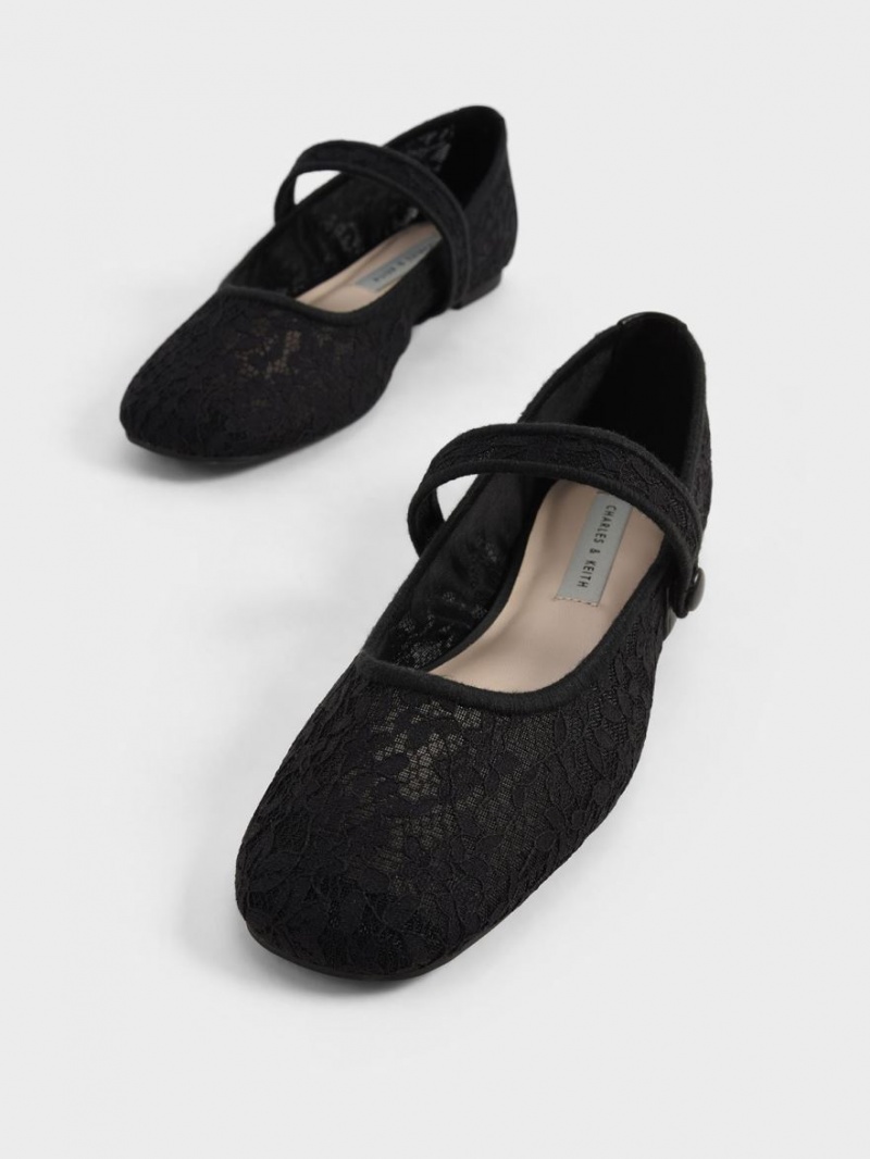 Charles And Keith Lace & Mesh Mary Jane Ballet Flats Black | PHILIPPINES J428